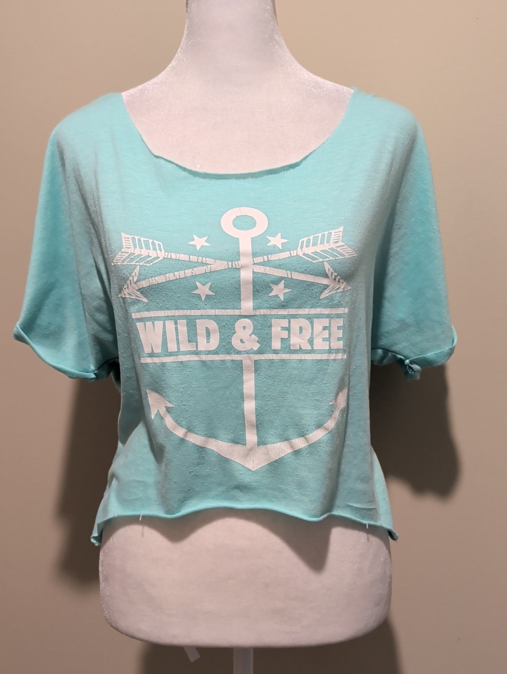 'Wild & Free' Lt Teal Graphic Crop Top with Distressed, Ripped Up Back